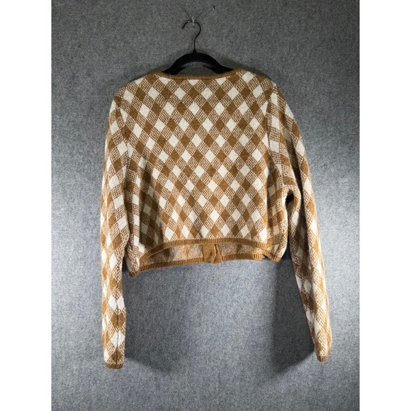 ZARA Argyle Cardigan Sweater Brown White Cropped Long Sleeve Knit Women's Large - Picture 7 of 8